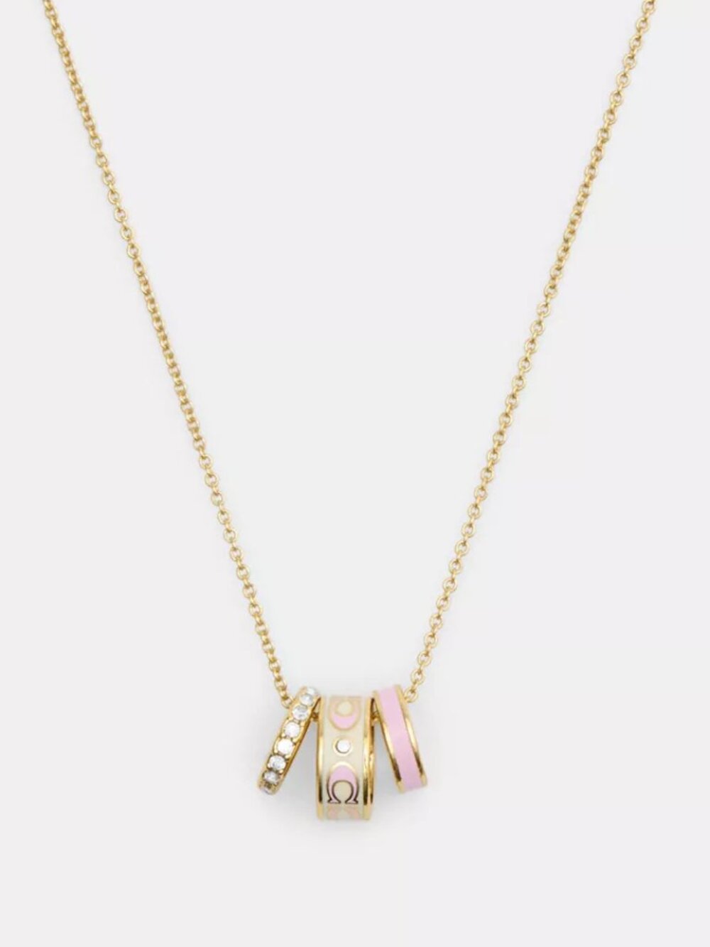Coach Signature White Pink Enamel Crystal Rondell Ring Necklace Gold Plated - Picture 4 of 5